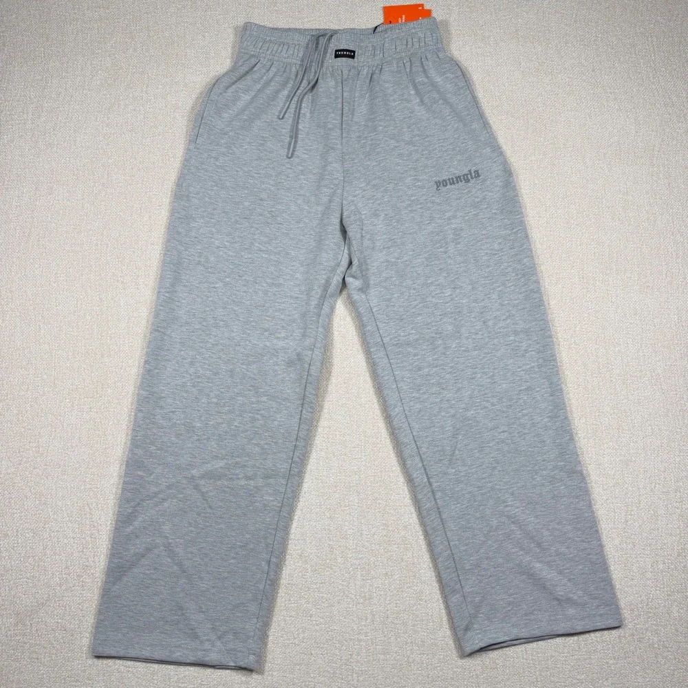 YoungLA 8001 Heather Gray Wide Leg Sweatpants Mens Medium Gothic Logo NWT